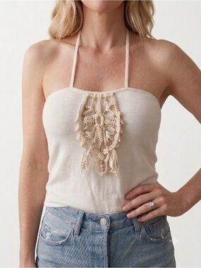 Vintage 2002 See By Chloe White Halter Tank with Beaded Applique